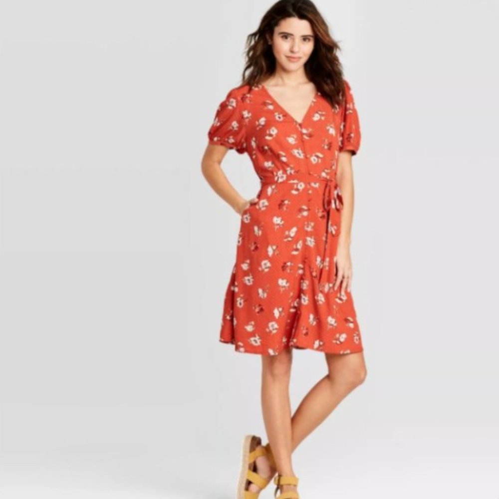 Orange Floral Button Down Midi Dress with Pockets